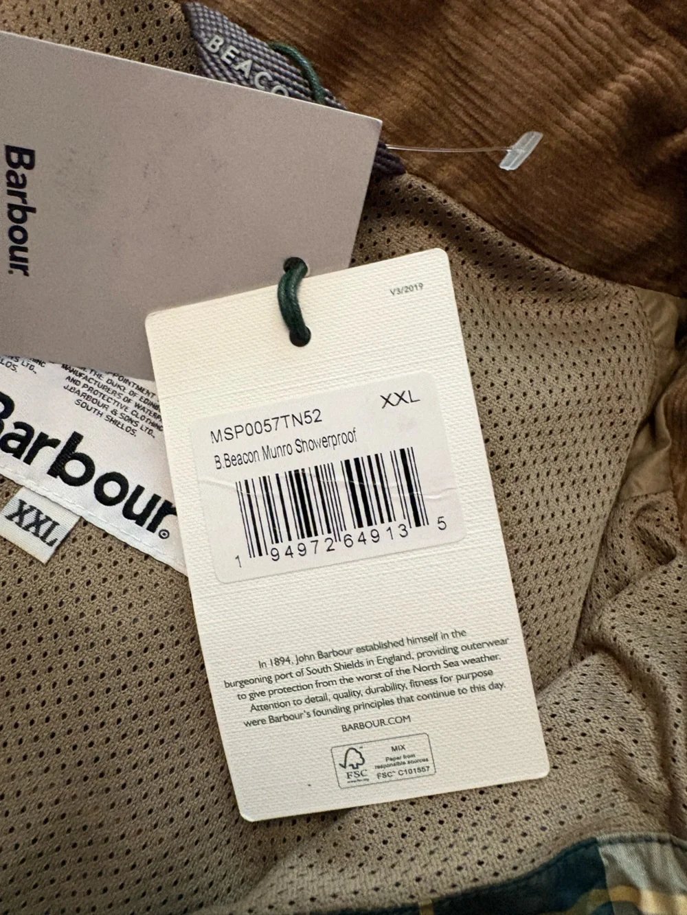 NWT Barbour Lightweight Plaid Zip Snowproof Jacket. Size XXL.